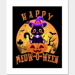 Happy Halloween Meowoween Cute Black Cat Witch Hat Vintage Posters and Art